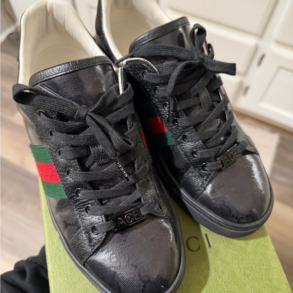Gucci Shoes - Gucci Black Sneakers with Red and Green Stripes
